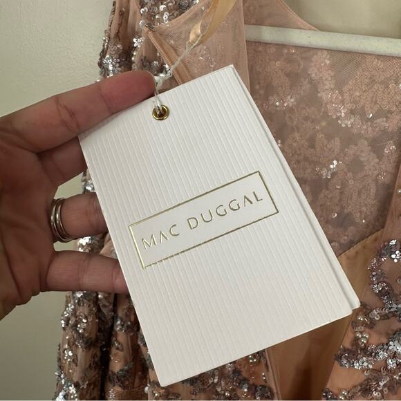 Mac Duggal Pink Embellished Illusion High Neck Long Sleeve A Line Gown Size 18 - Picture 9 of 13